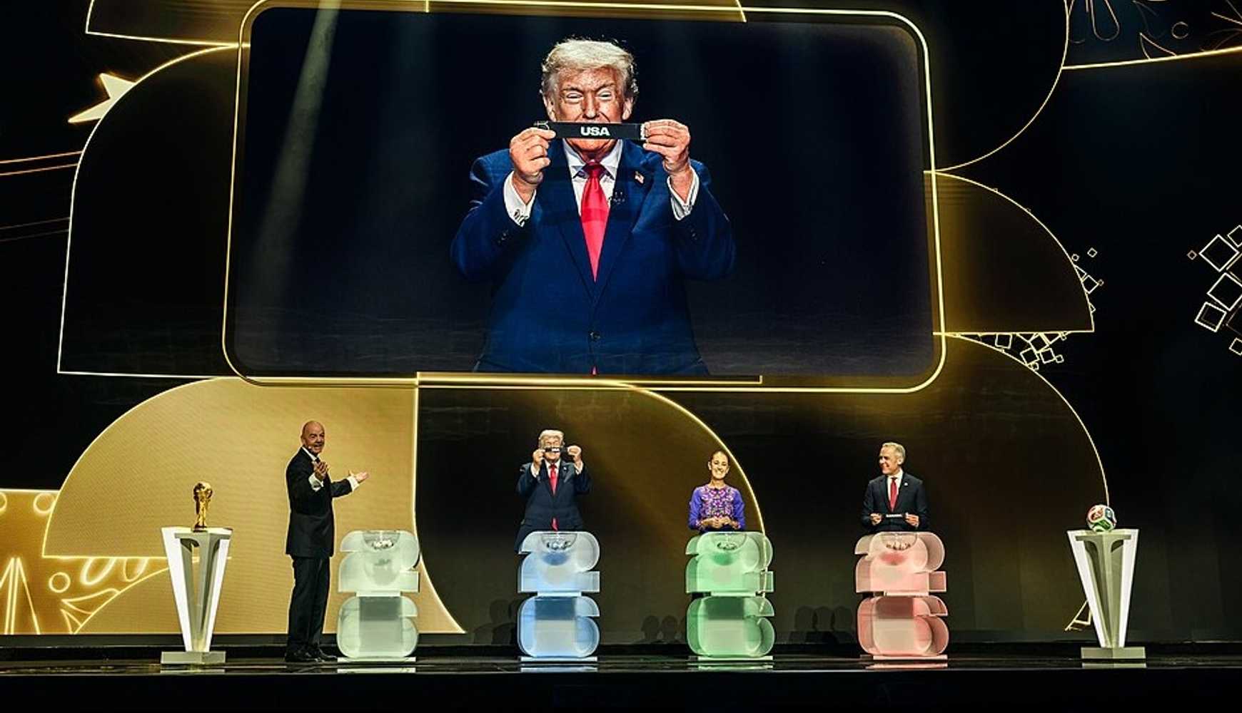 
US President Donald Trump, Mexican President Claudia Sheinbaum, and Canadian Prime Minister Mark Carney take part in the 2026 FIFA World Cup Draw in Washington, DC, on December 5, 2025.
  

