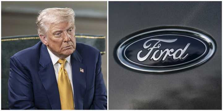President Donald Trump and a Ford vehicle emblem.