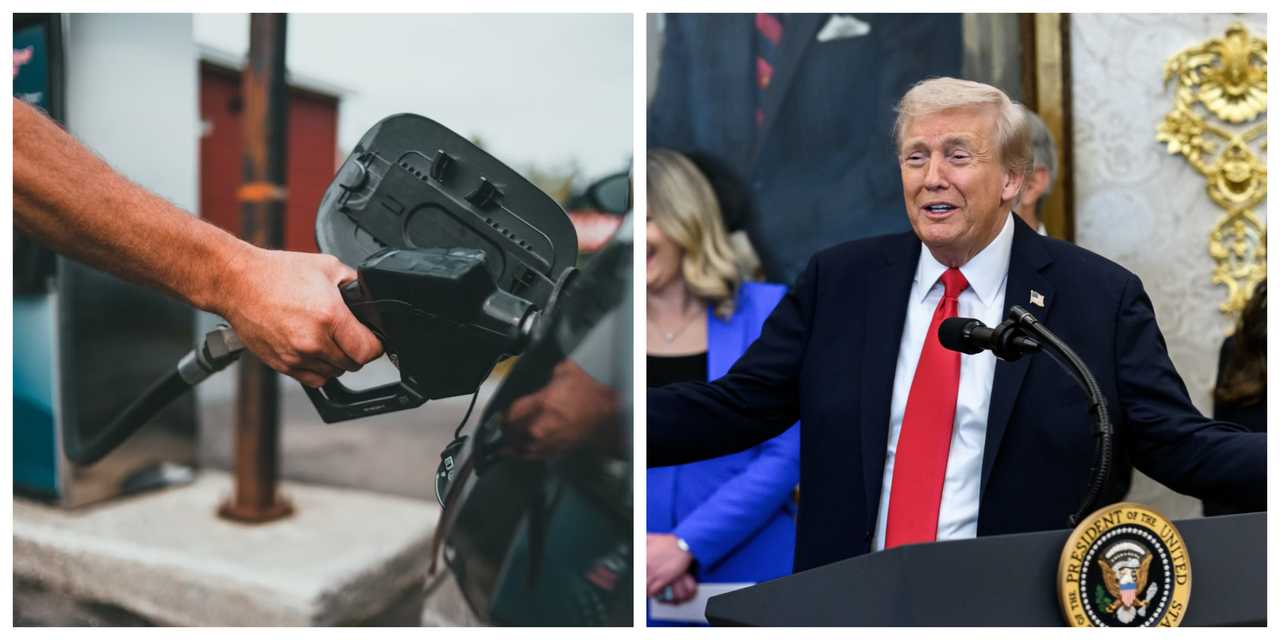 A person pumping gas into a vehicle and President Donald Trump. A person pumping gas into a vehicle and President Donald Trump.