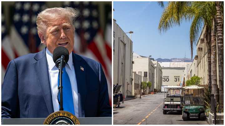 President Donald Trump and a movie studio production lot in Hollywood.