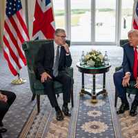 <p>UK Prime Minister Keir Starmer and US President Donald Trump meeting at Trump's golf course in Turnberry, Scotland, on July 28, 2025.</p>