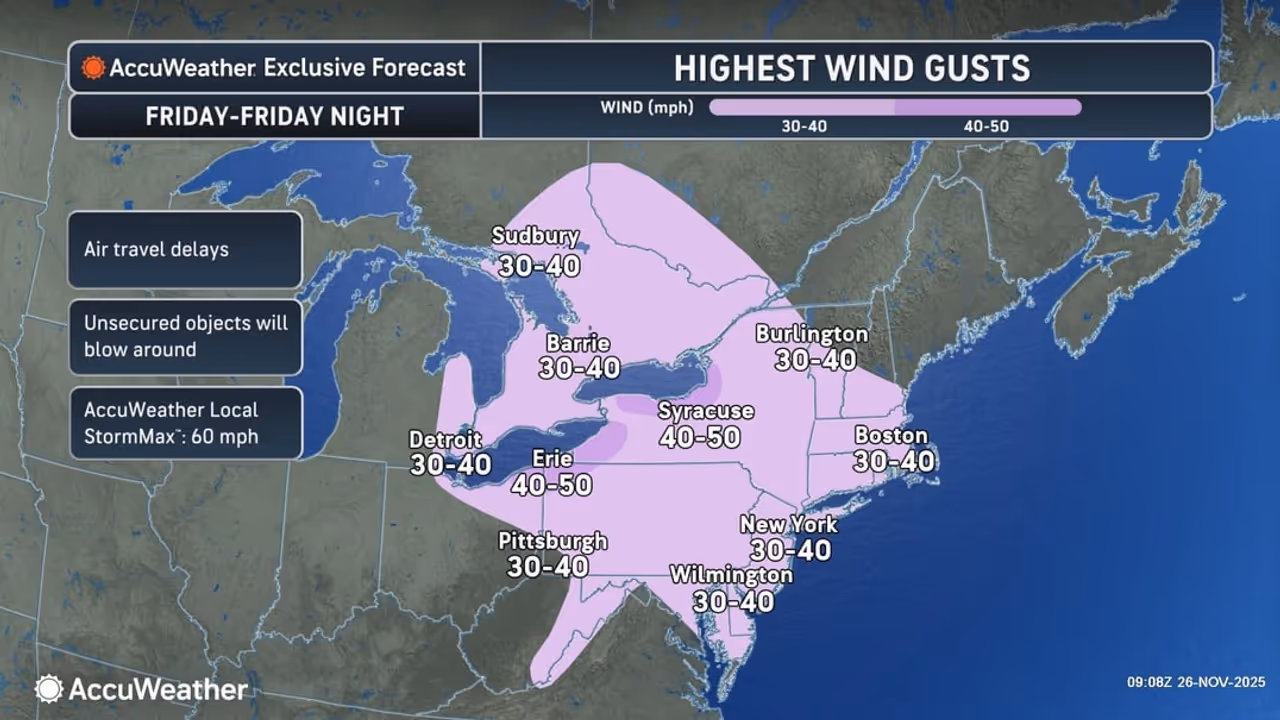 Strong gusty winds up to around 40 mph will be widespread on Black Friday, Nov. 28, both during the day and at night.