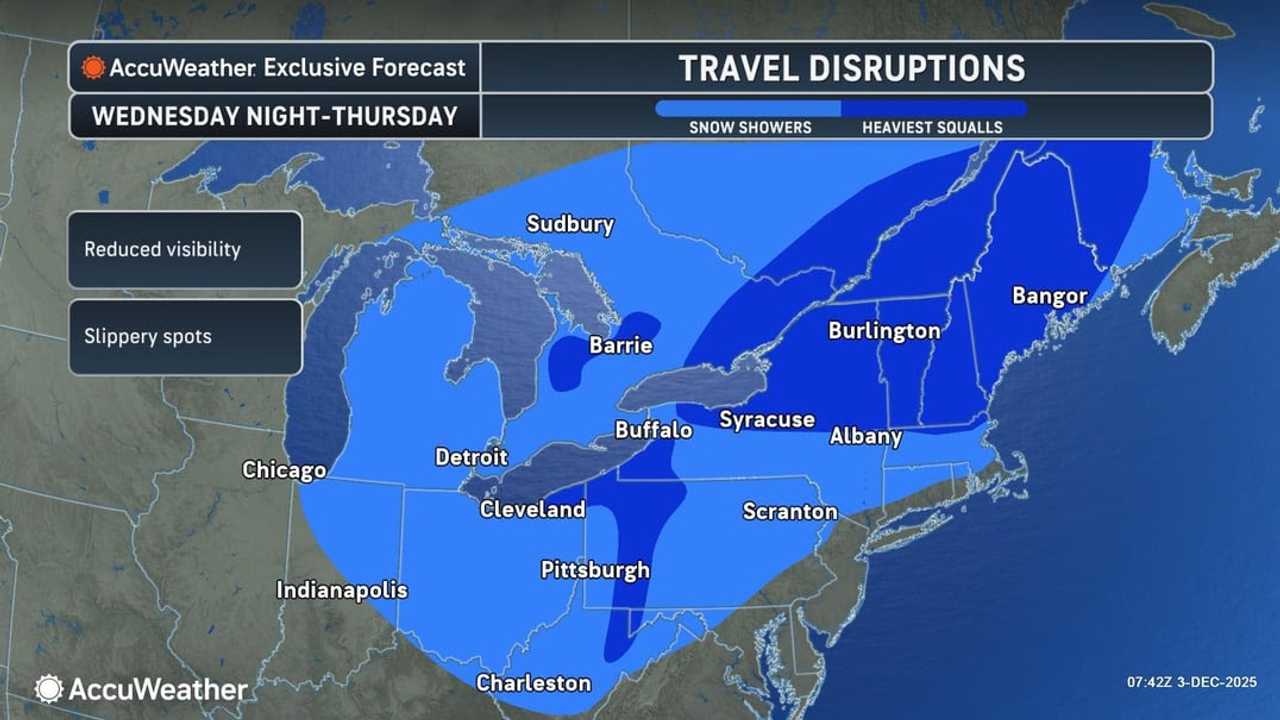 Forecasters say these squalls may be most disruptive across inland areas of the Northeast on Thursday, Dec. 4, with brief whiteouts possible and travel slowing on major highways. Forecasters say these squalls may be most disruptive across inland areas of the Northeast on Thursday, Dec. 4, with brief whiteouts possible and travel slowing on major highways. 