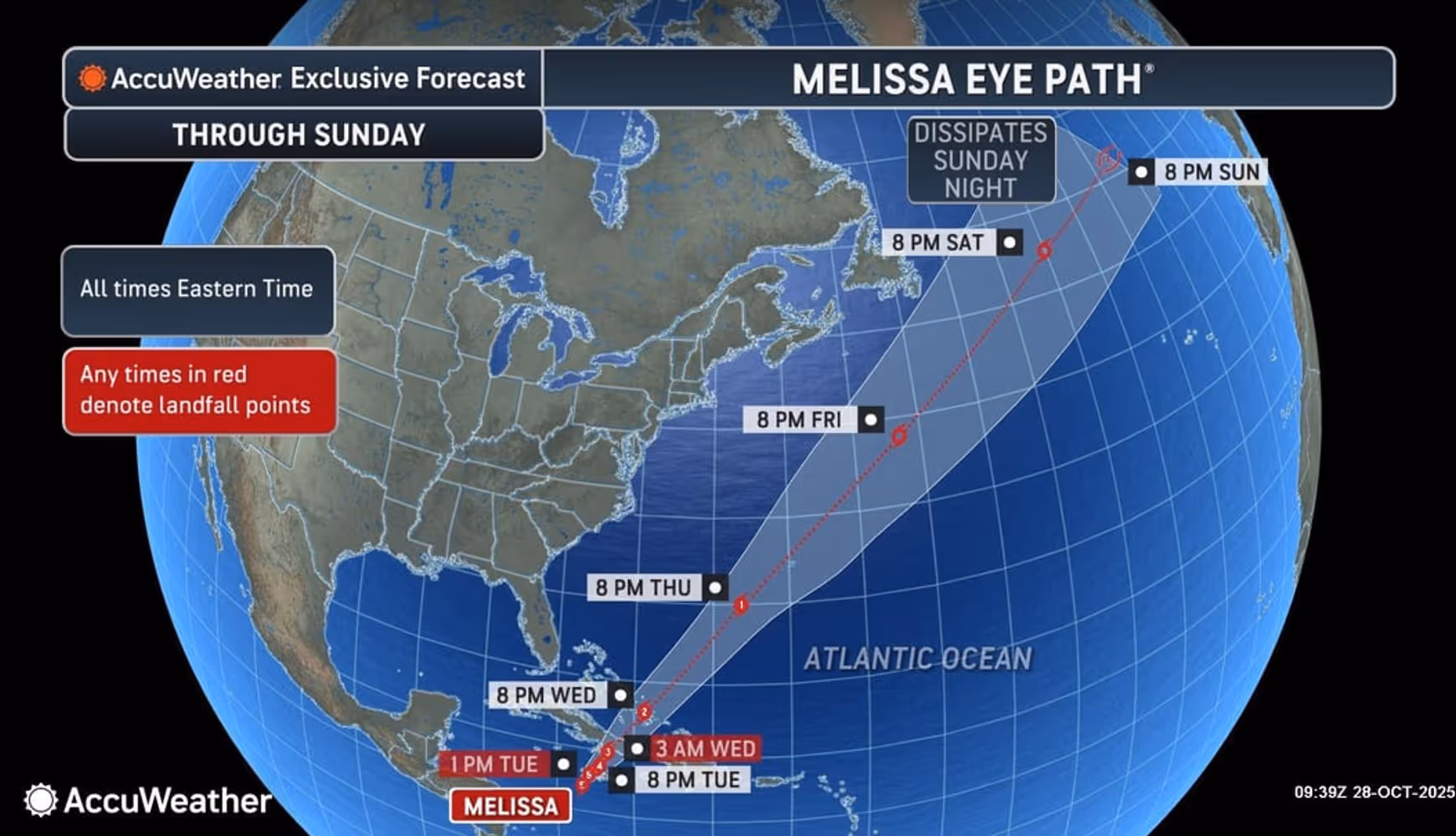 A look at the path and timing for Melissa through Sunday, Nov. 2.
 
A look at the path and timing for Melissa through Sunday, Nov. 2.