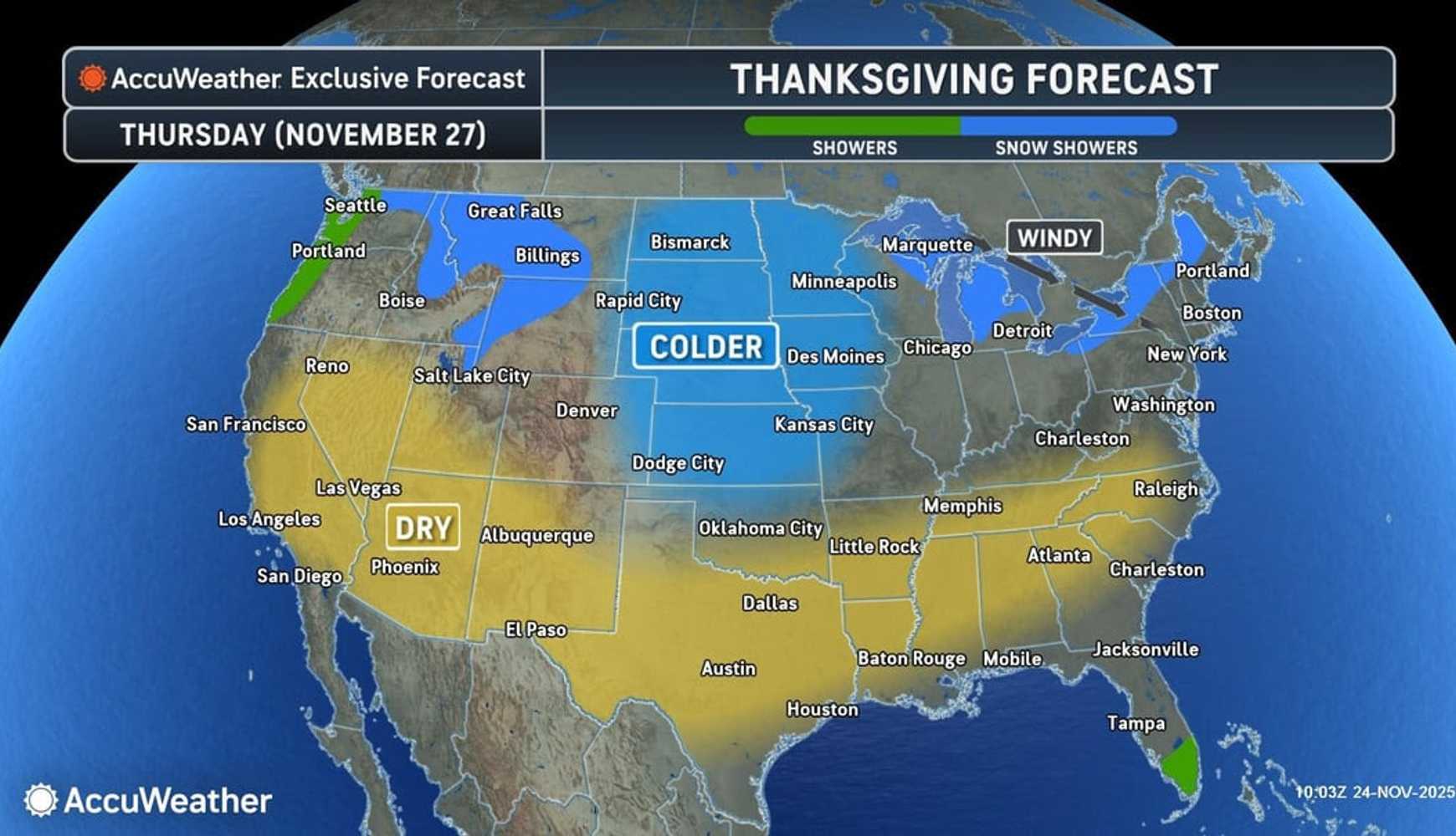 
It will be partly to mostly sunny with blustery conditions in most of the eastern US on Thanksgiving Day on Thursday, Nov. 27.
  

