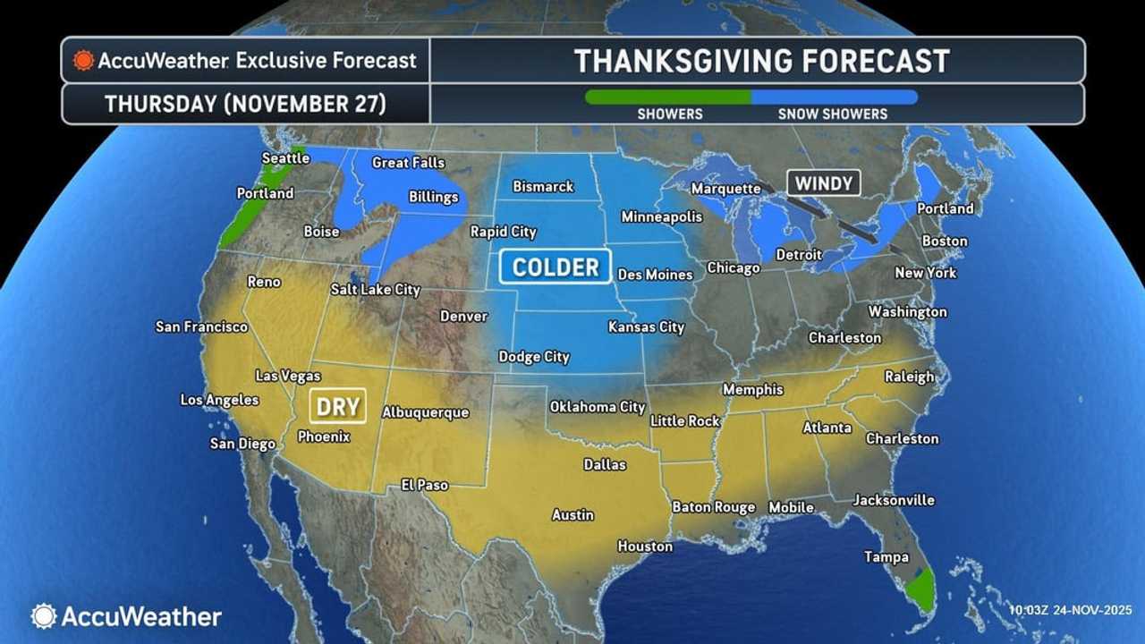 It will be partly to mostly sunny with blustery conditions in most of the eastern US on Thanksgiving Day on Thursday, Nov. 27.
  
