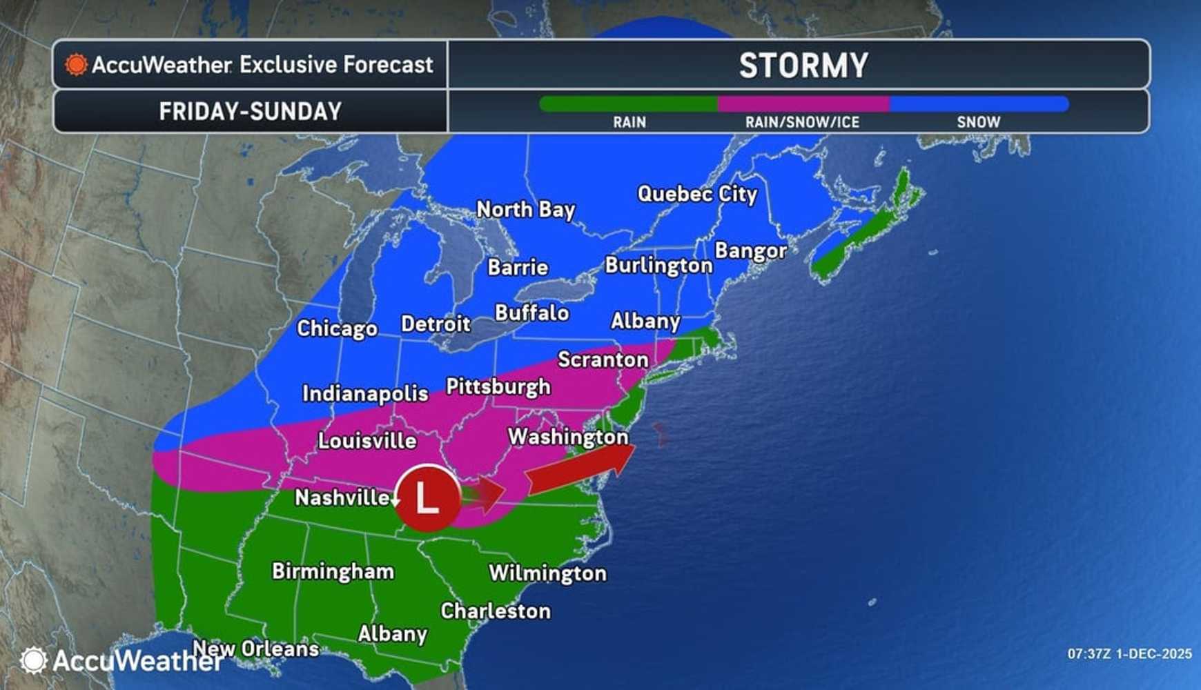 
Another system is on track for Friday, Dec. 5 into Saturday, Dec. 6, bringing snow farthest north (blue), a mix of rain, snow, and ice in locations in dark pink, with rain along the coast and farther south (green).
