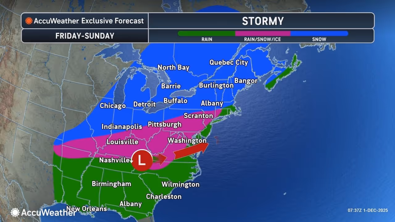 Another system is on track for Friday, Dec. 5 into Saturday, Dec. 6, bringing snow farthest north (blue), a mix of rain, snow, and ice in locations in dark pink, with rain along the coast and farther south (green).