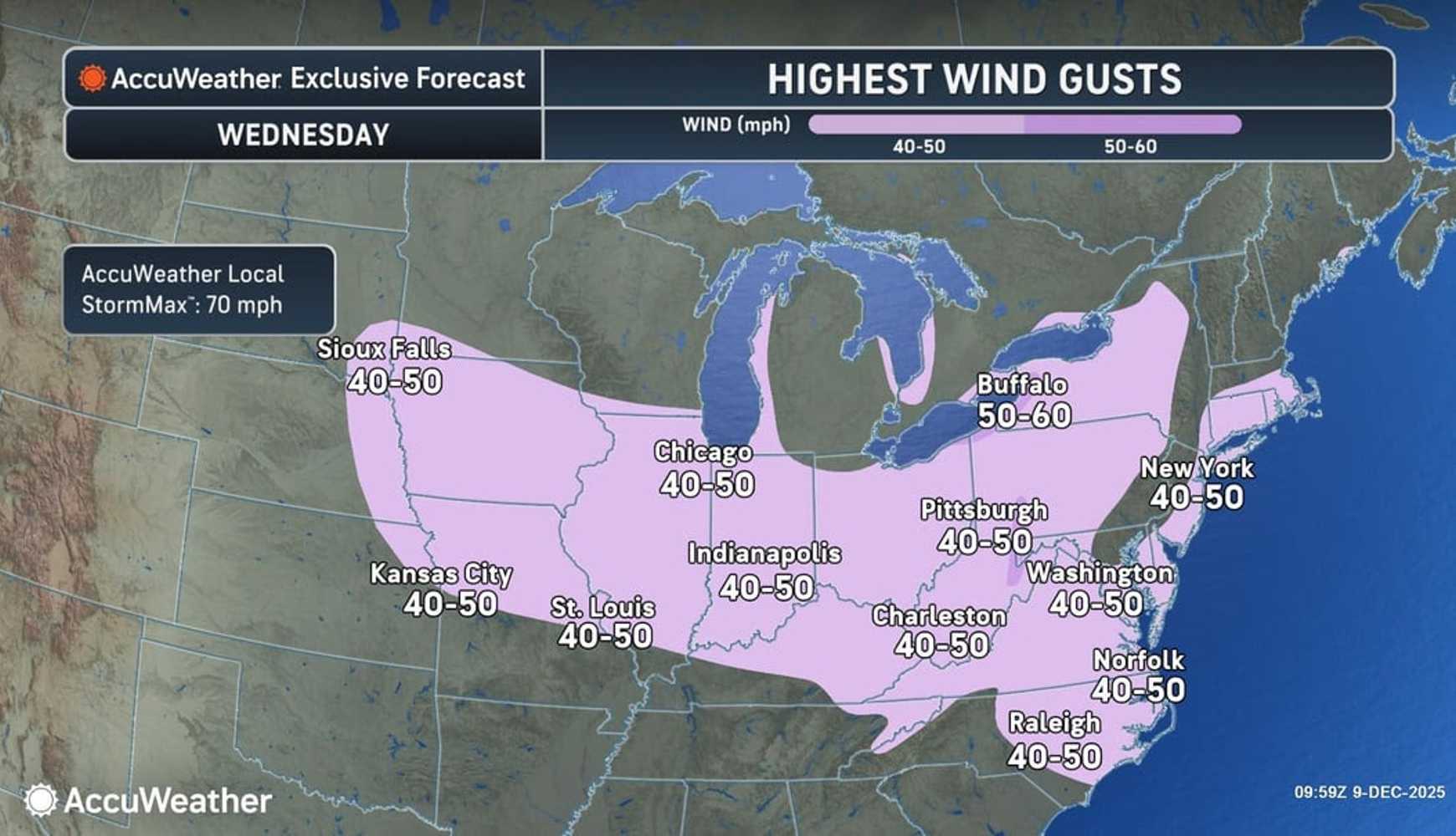 
Wind gusts will be between 40 and 50 mph on Wednesday, Dec. 10.
