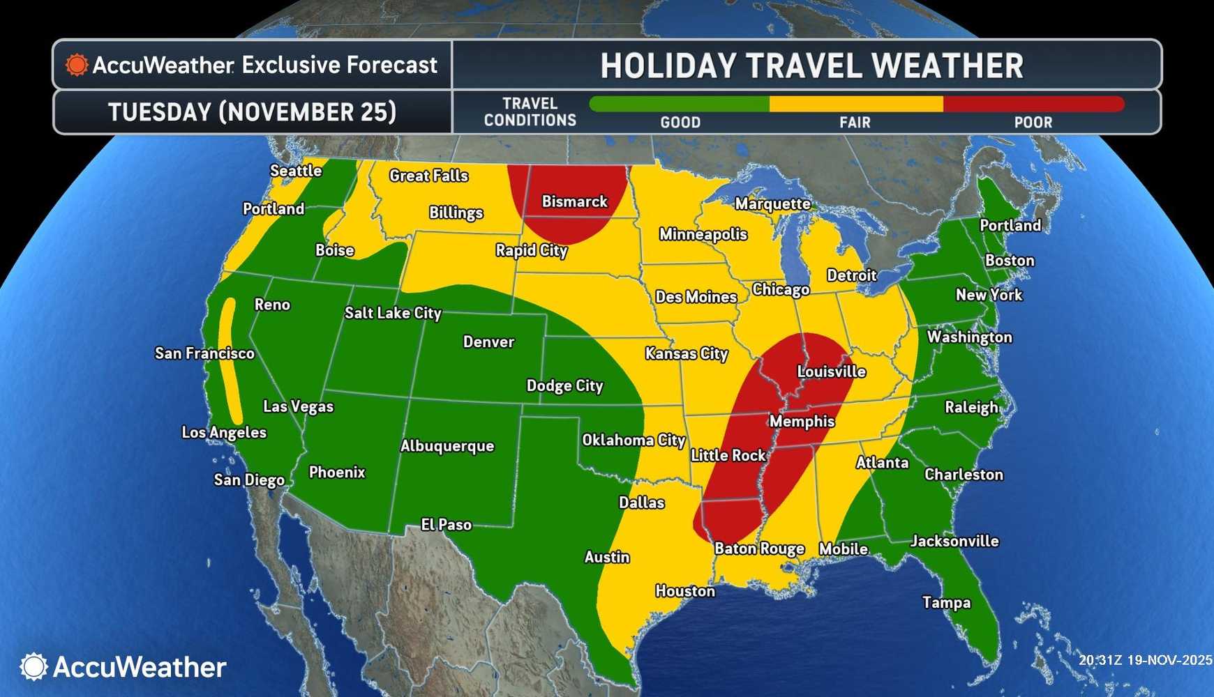 
In the Northeast, unsettled conditions are expected to arrive Tuesday night, Nov. 25. 
  

