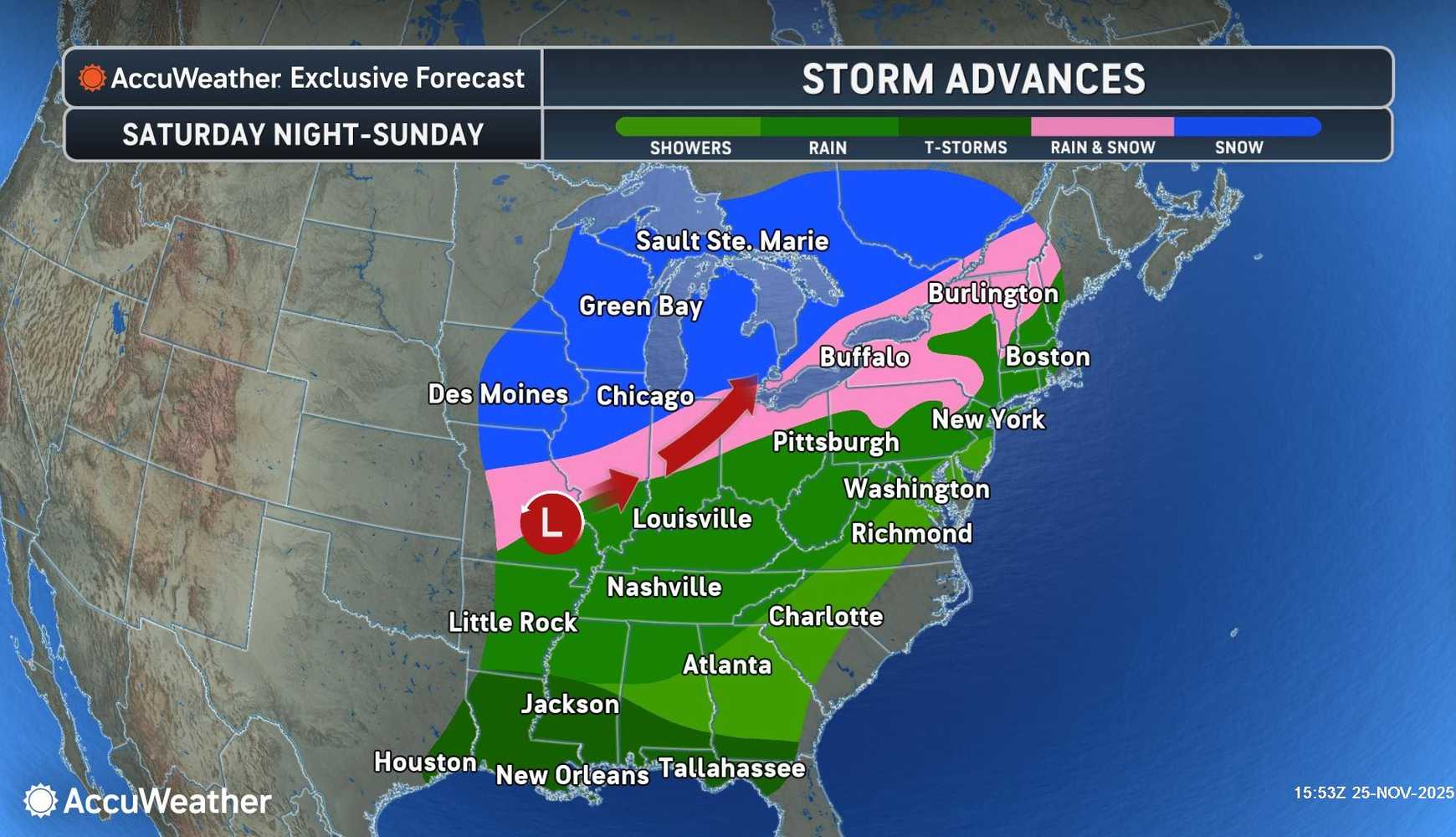
Areas in pink are expected to see a mix of snow and rain.
