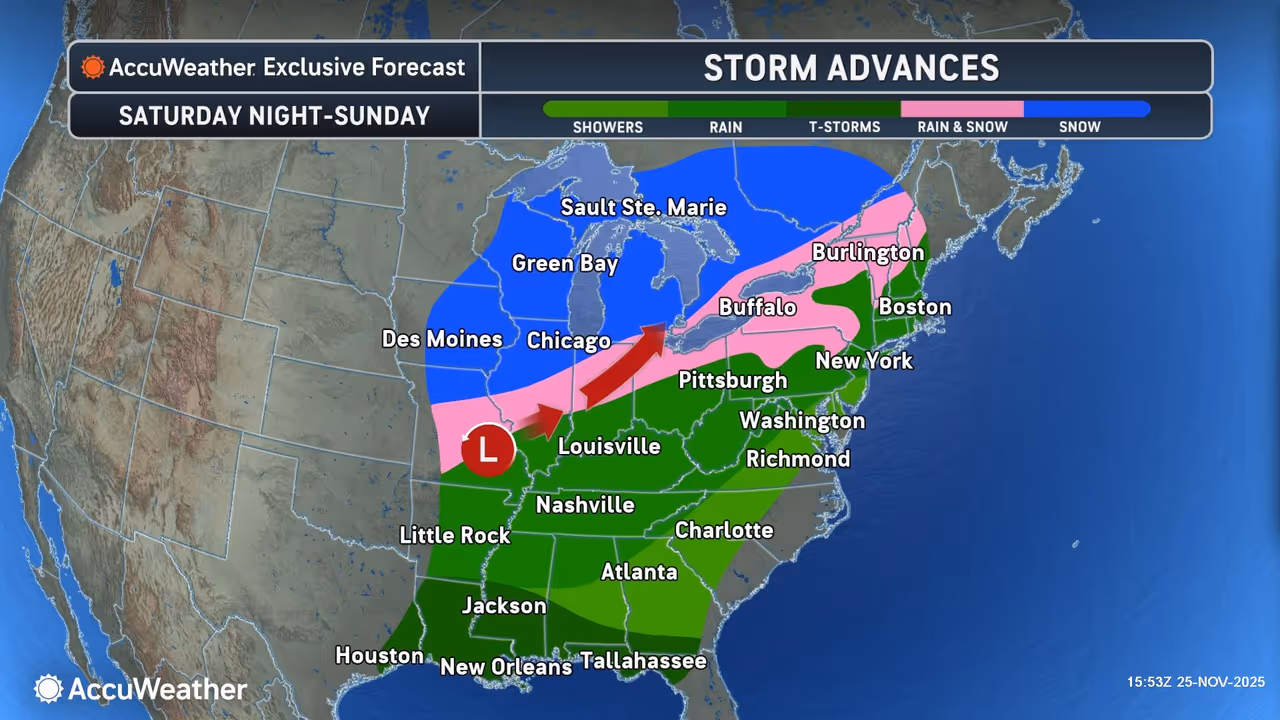 Areas in pink are expected to see a mix of snow and rain.