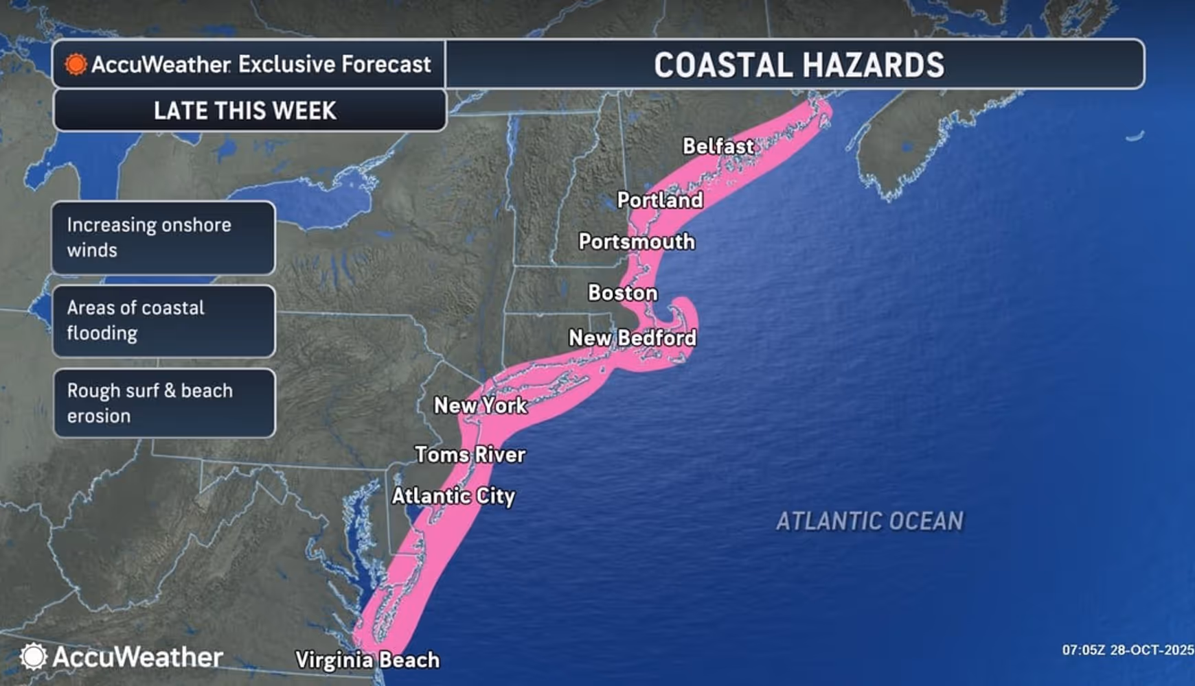 There will be coastal hazards from Maine to Virginia later this week.
 
There will be coastal hazards from Maine to Virginia later this week.