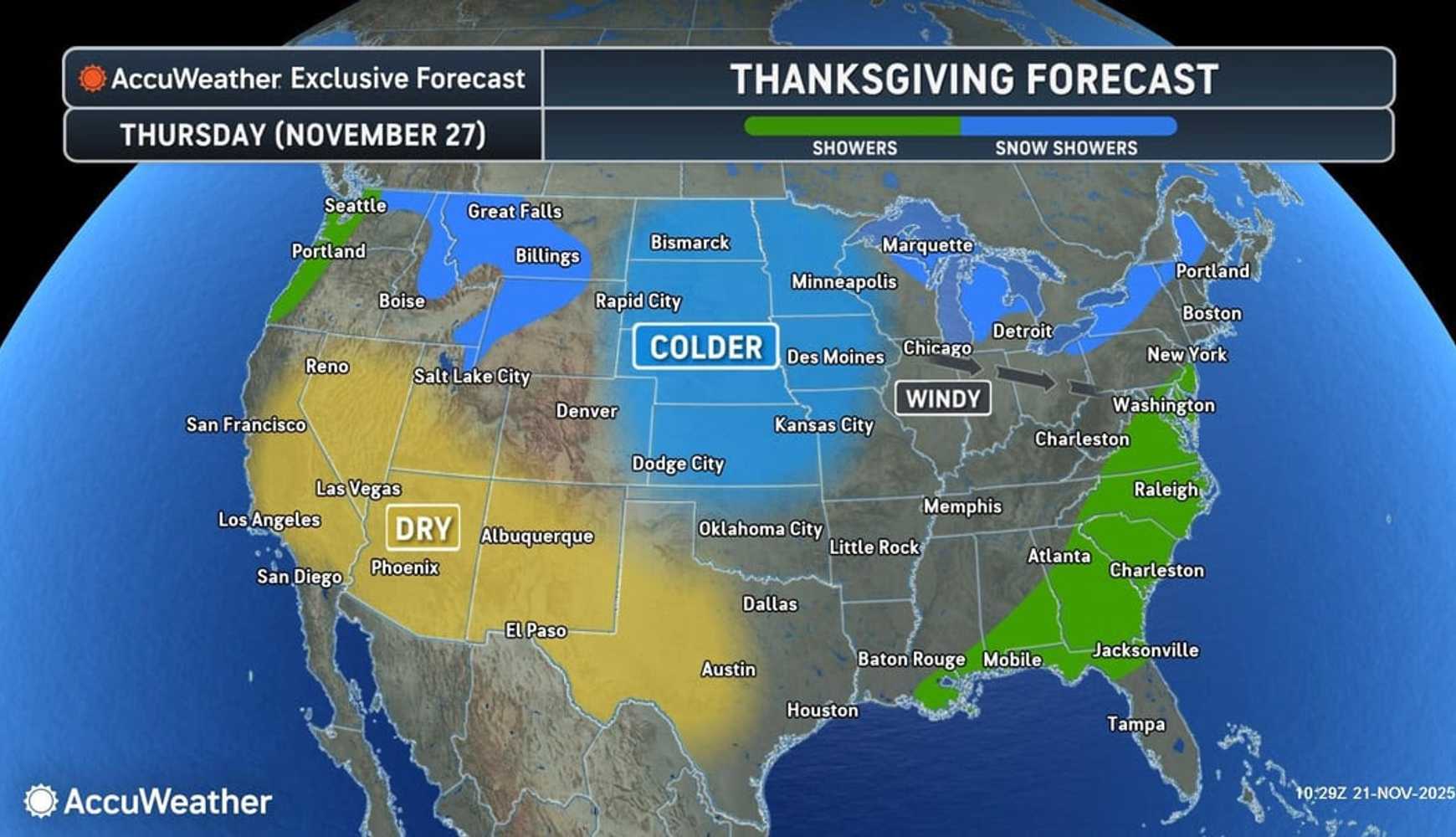 
Rain is expected at times along most of the East Coast on Thanksgiving Day, on Thursday, Nov. 27.

