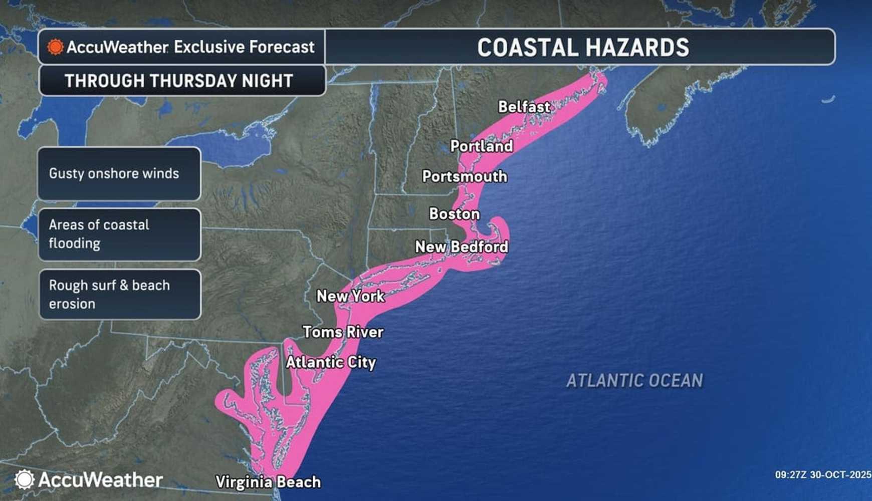 There will be coastal hazards from Virginia to Maine on Thursday, Oct. 30, including gusty onshore winds, ares. of coastal flooding, rough surf, and beach erosion.
 
There will be coastal hazards from Virginia to Maine on Thursday, Oct. 30, including gusty onshore winds, ares. of coastal flooding, rough surf, and beach erosion.