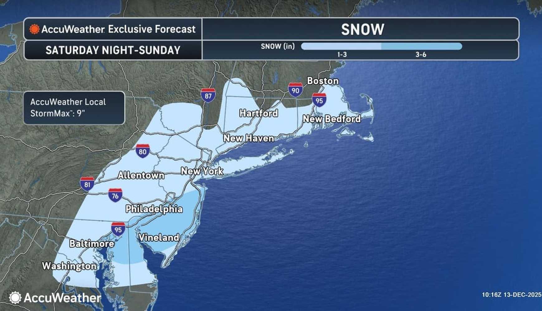A widespread 1 to 2 inches of snowfall is expected, with some areas seeing 3 to 6 inches.