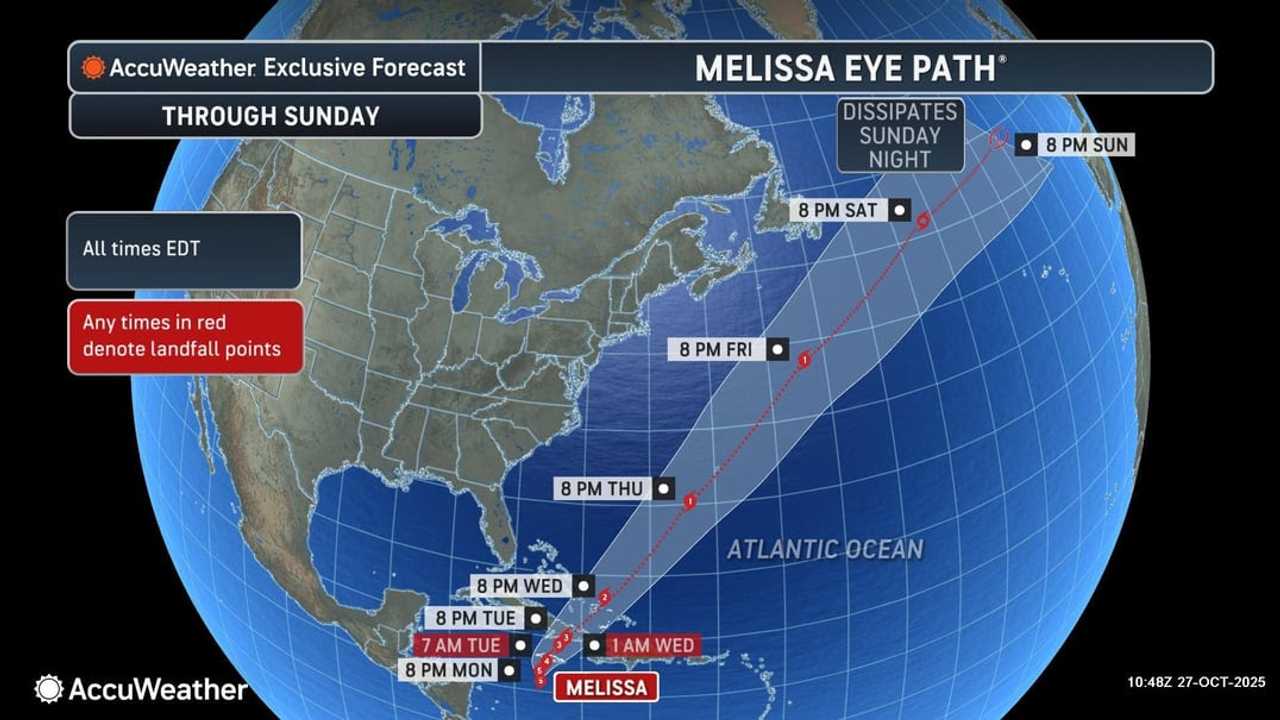Melissa's projected path and timing through Saturday, Nov. 1 from AccuWeather. Melissa's projected path and timing through Saturday, Nov. 1 from AccuWeather.