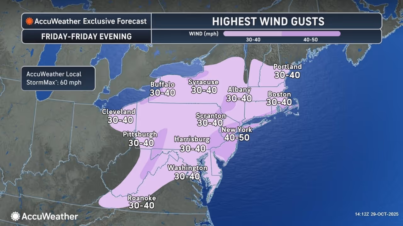 Wind gusts will be as high as 50 mph on Halloween during the day and evening on Friday, Oct. 31. Wind gusts will be as high as 50 mph on Halloween during the day and evening on Friday, Oct. 31.