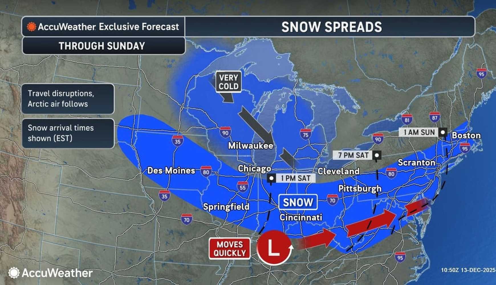 Snow will begin in the Plains and Midwest before spreading to the East Coast on Saturday night, impacting cities along Interstates 70 and 95 with widespread travel hazards, according to AccuWeather.
  

