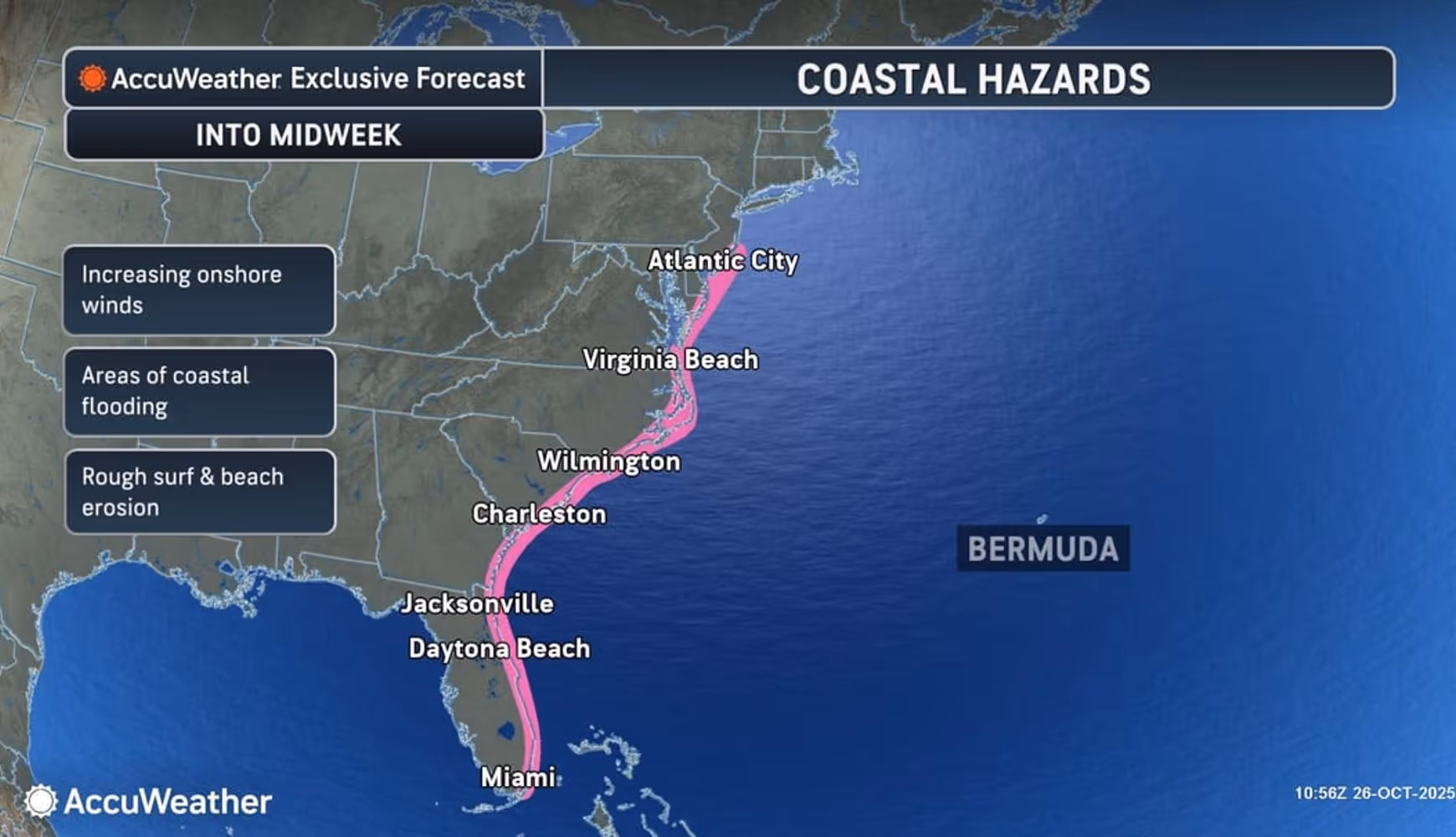 A look at areas where coastal hazards are expected through midweek.
 
A look at areas where coastal hazards are expected through midweek.