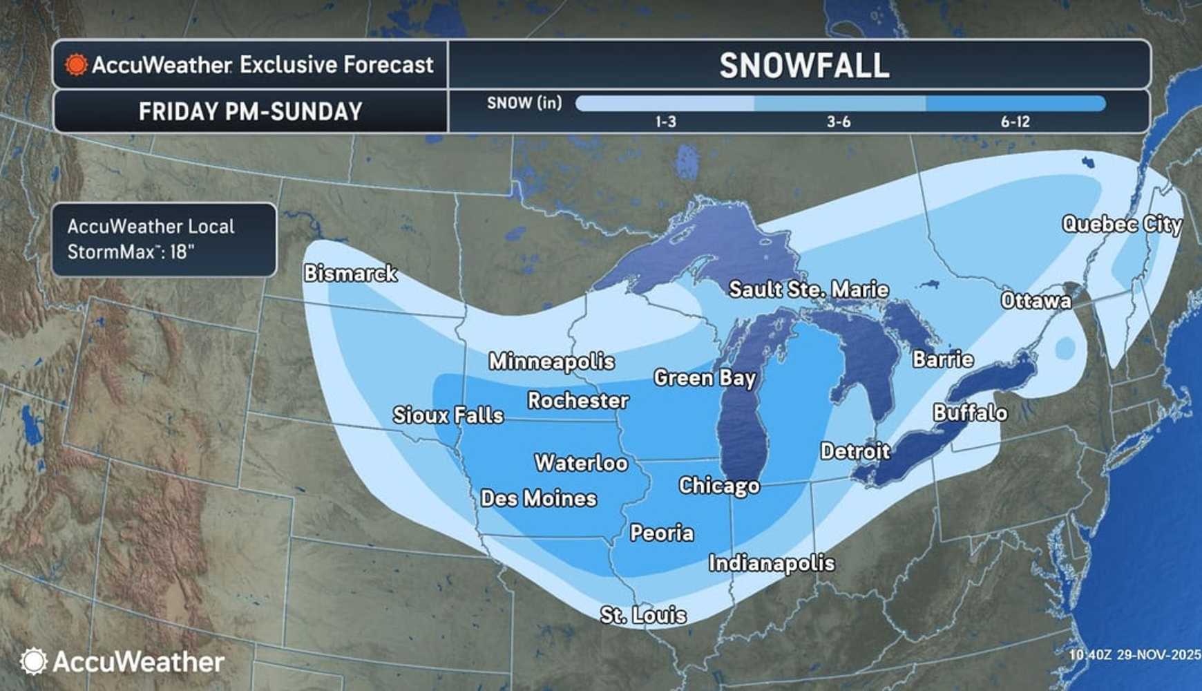 
The first of the storms will move through the Midwest, bringing 6-12 inches of snow to parts of the Midwest and Ontario, Canada, before it moves into the Northeast on Sunday, Nov. 30, where temps should keep precipitation as mainly rain.
