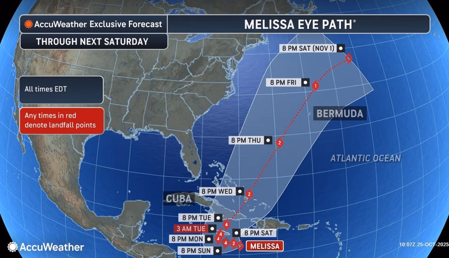 Melissa's projected path through Saturday, Nov. 1.
 
Melissa's projected path through Saturday, Nov. 1.