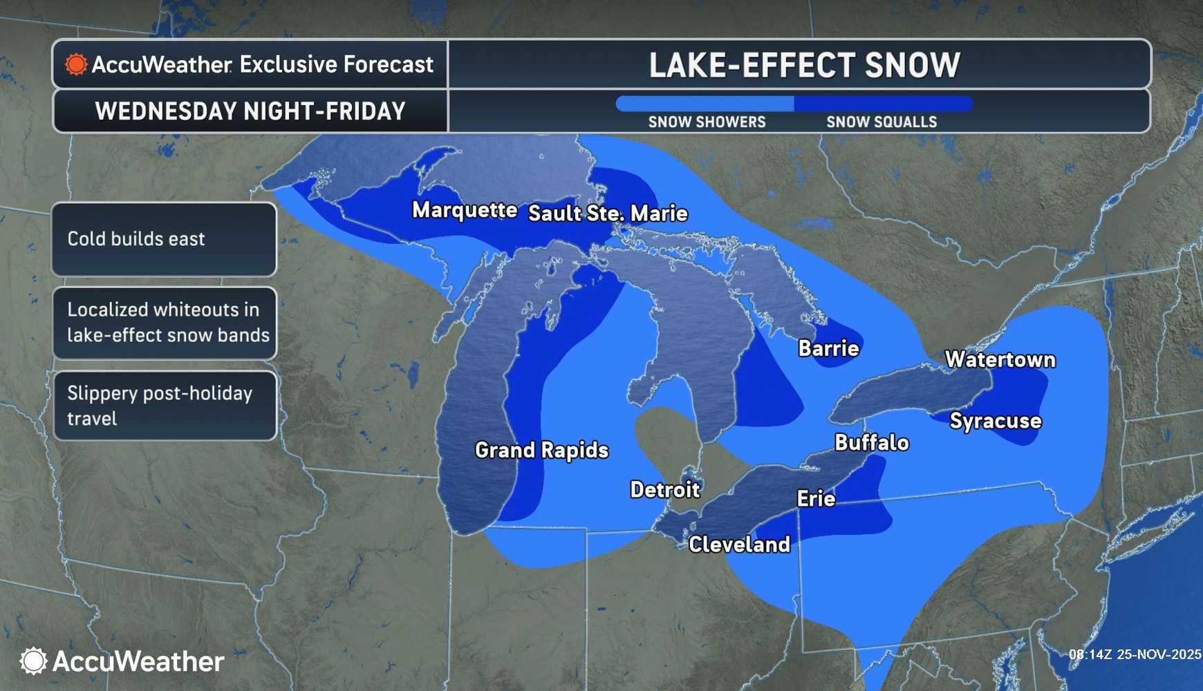 
Areas where snow showers, and snow showers, are expected Wednesday, Nov. 26, through Friday, Nov. 28 are shown in blue.

