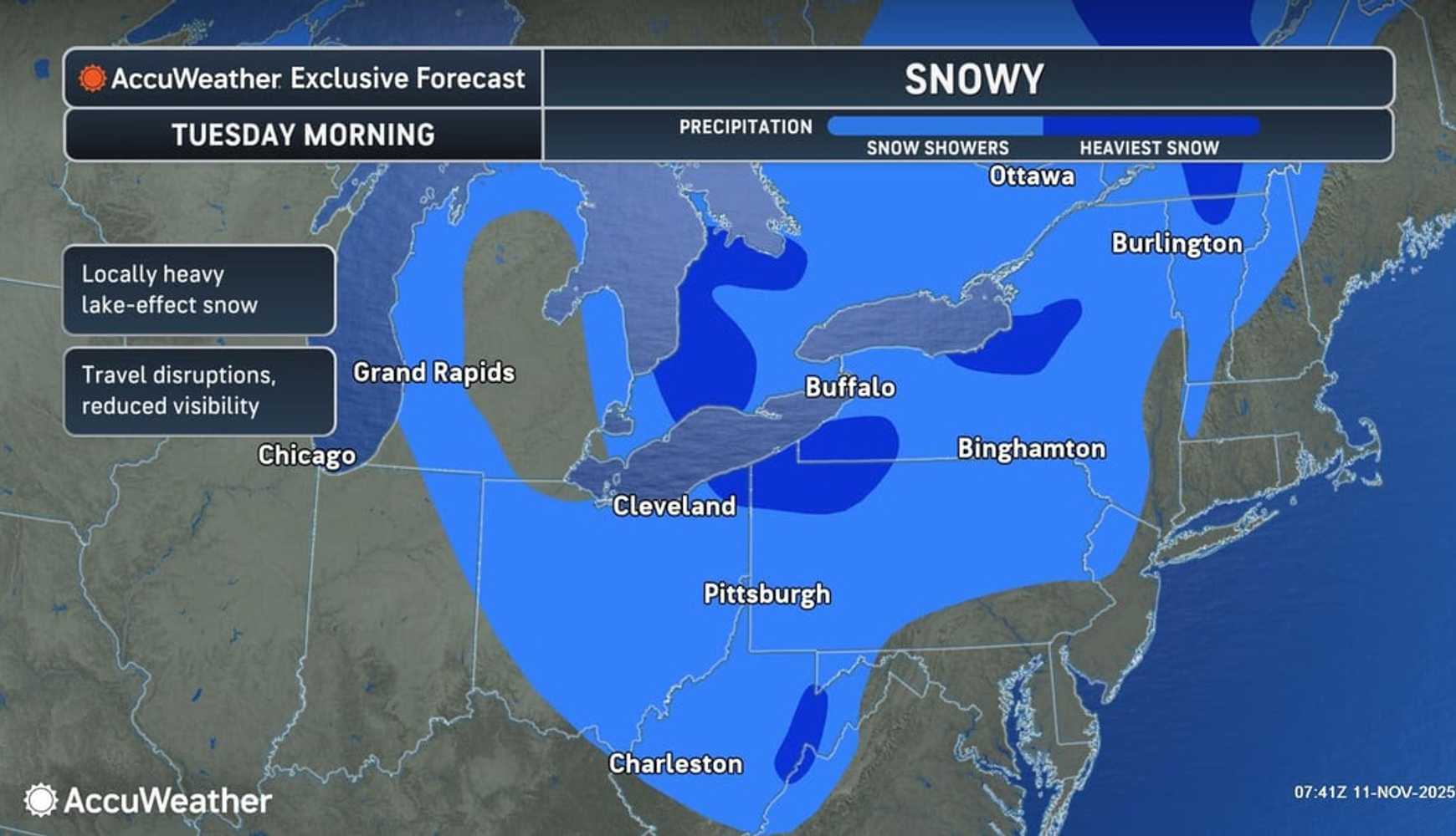 
A look at areas where there was snowfall on Tuesday morning, Nov. 11, with other locations in the Northeast seeing flurries.

