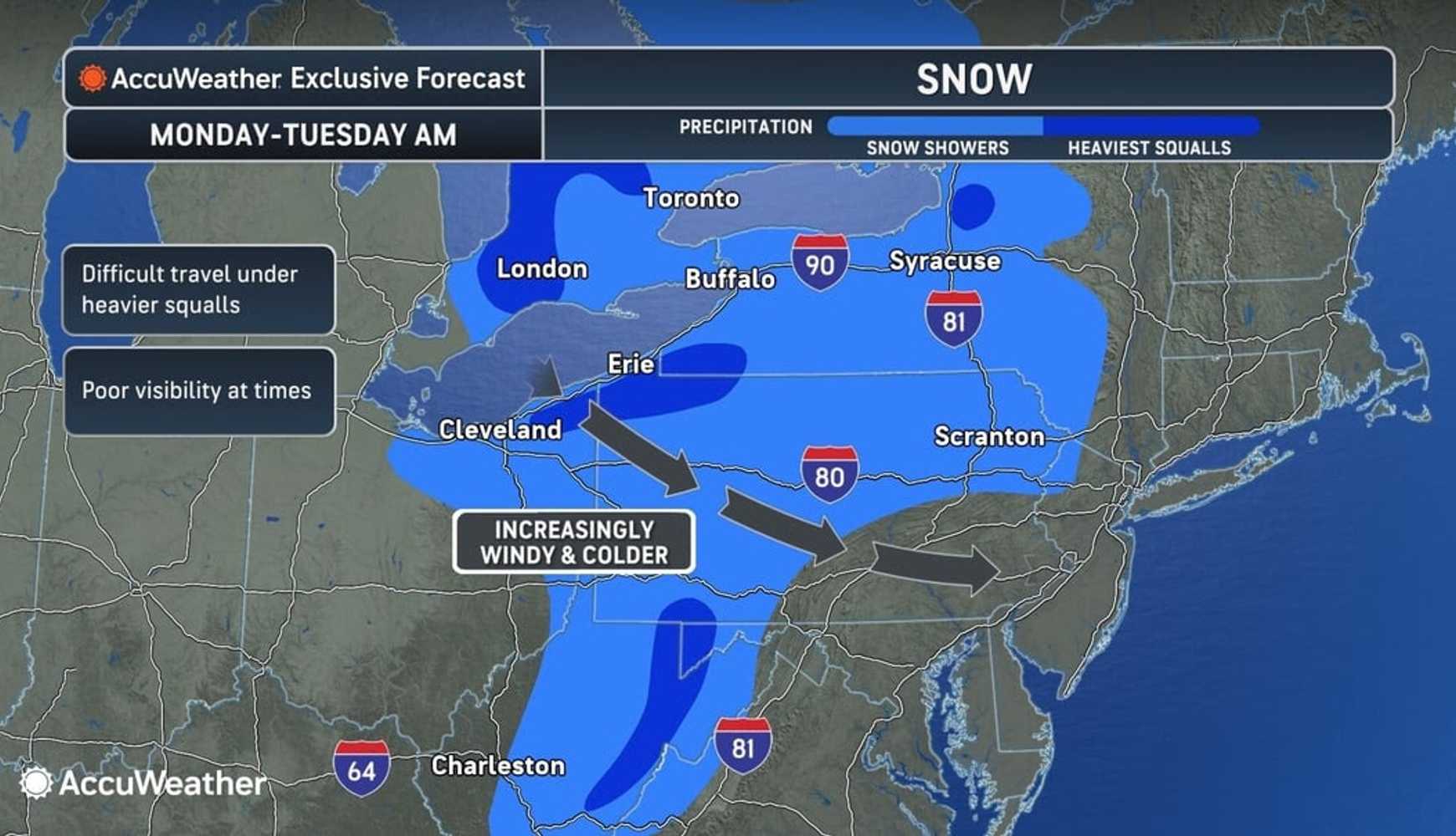 
Lake-effect snow will develop as colder air crosses the Great Lakes from Sunday night, Nov. 9, into Tuesday, Nov. 11, setting off sudden, intense squalls from the Midwest into Pennsylvania and western and central New York.
  


