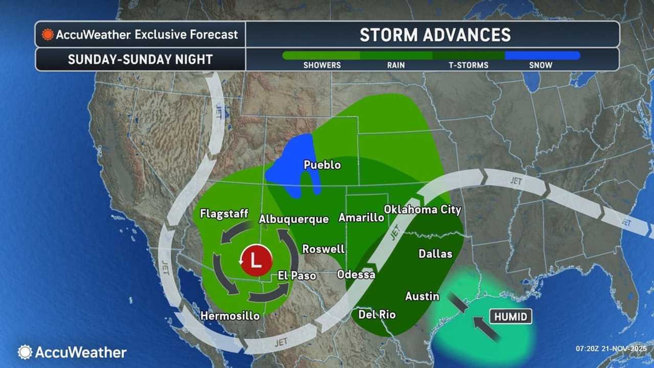 The storm will begin to advance eastward in earnest on Sunday, Nov. 23.