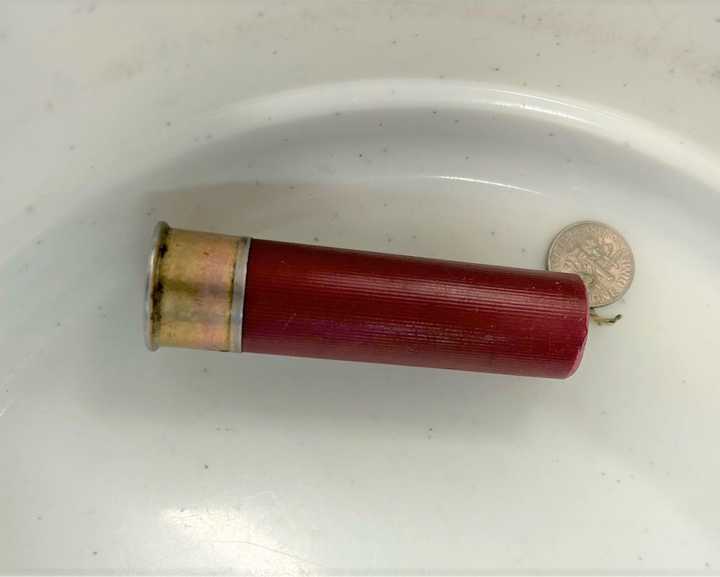 A shotgun shell modified to hold methamphetamine powder. It was found on an Orangeville man at a security checkpoint at the Philadelphia International Airport.