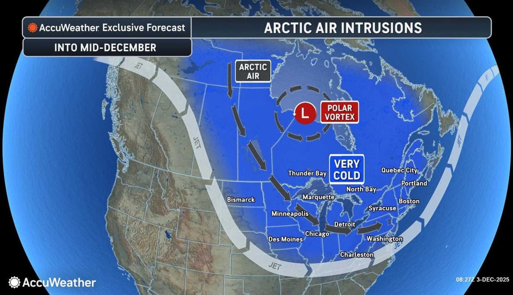 
A displaced polar vortex near Hudson Bay in east-central/northeastern Canada will send repeated waves of cold air into the Northeast through mid-December. 
  

