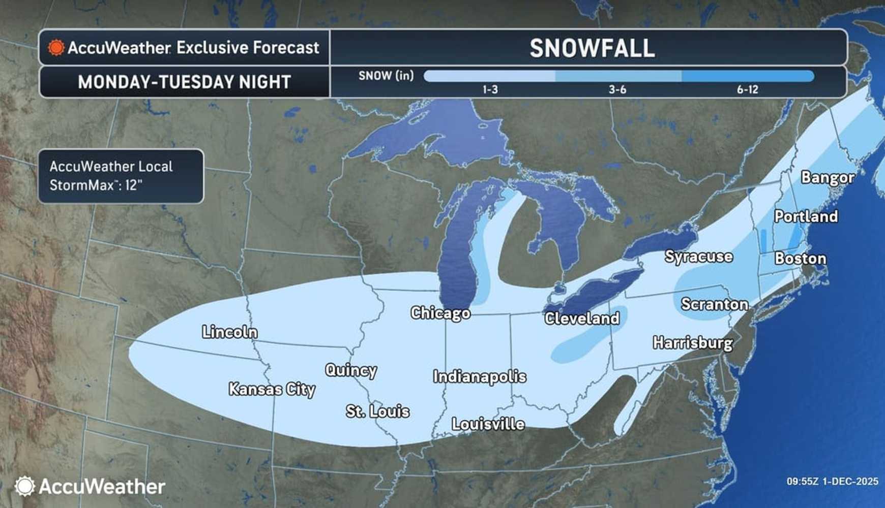 
The latest projected snowfall totals for the storm on Tuesday, Dec. 2: Widespread 1 to 3 inches (lightest shade of blue), 3-6 inches (darker shade of blue), 6-12 inches (darkest shade).
