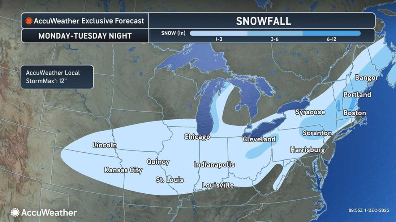 The latest projected snowfall totals for the storm on Tuesday, Dec. 2: Widespread 1 to 3 inches (lightest shade of blue), 3-6 inches (darker shade of blue), 6-12 inches (darkest shade). The latest projected snowfall totals for the storm on Tuesday, Dec. 2: Widespread 1 to 3 inches (lightest shade of blue), 3-6 inches (darker shade of blue), 6-12 inches (darkest shade).