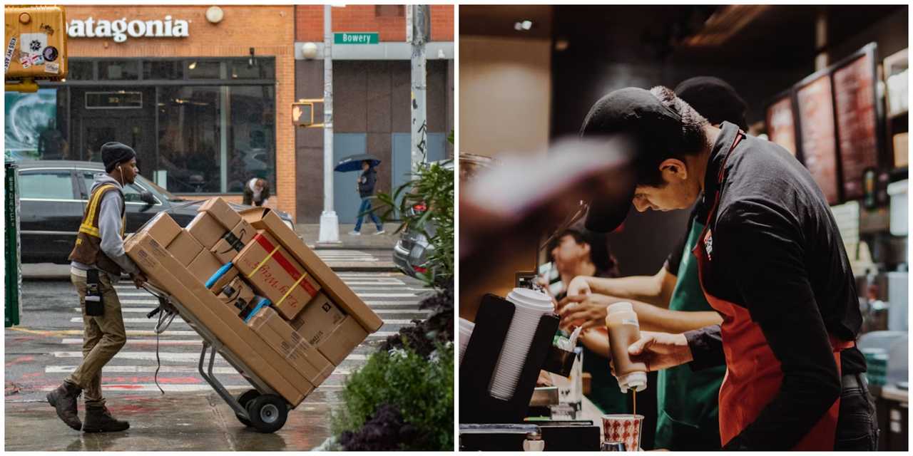A UPS delivery worker and a Starbucks barista. A UPS delivery worker and a Starbucks barista.