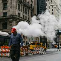 <p>A steam plume in downtown New York City.</p>