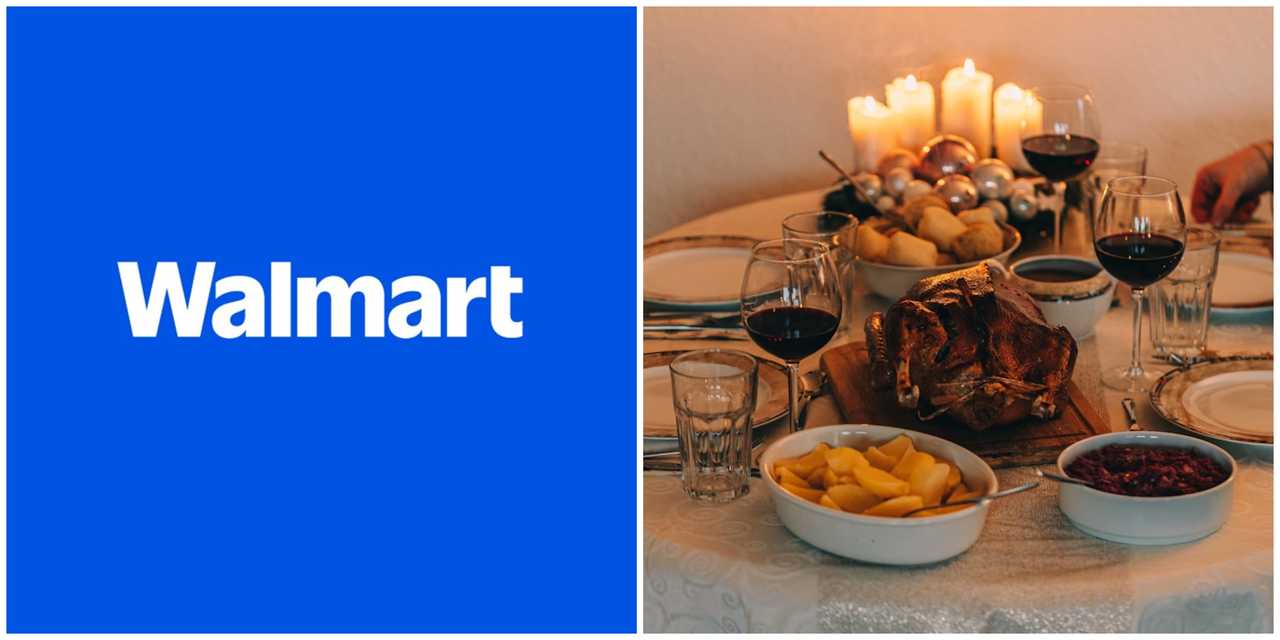 The Walmart logo and a Thanksgiving dinner. The Walmart logo and a Thanksgiving dinner.