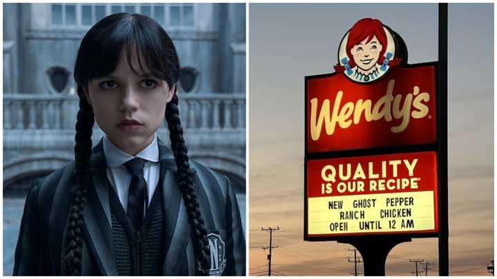 Wednesday Addams from the Netflix show "Wednesday" and a Wendy's restaurant sign.