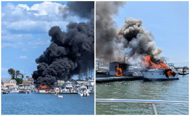 A boat caught fire at Schooner Island Marina in Wildwood, NJ, on August 22, 2024.