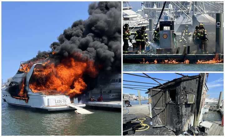 A boat caught fire at Schooner Island Marina in Wildwood, NJ, on August 22, 2024.