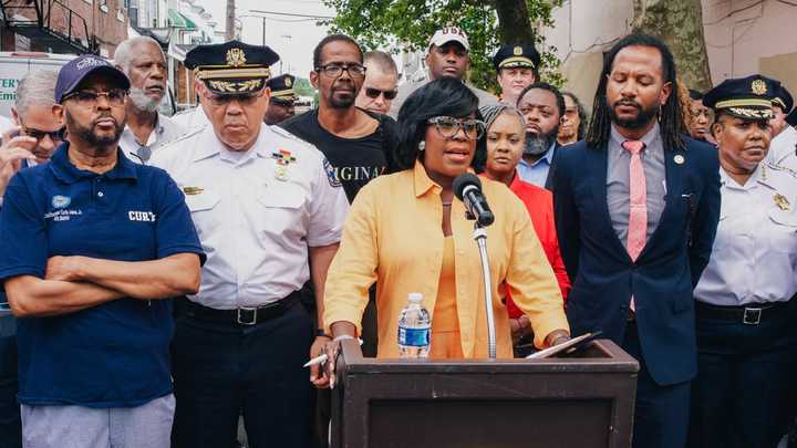 Mayor Cherelle Parker, PPD Commissioner Kevin Bethel, and other officials at a press conference on Monday, July 22 after the West Philadelphia mass shooting.&nbsp;